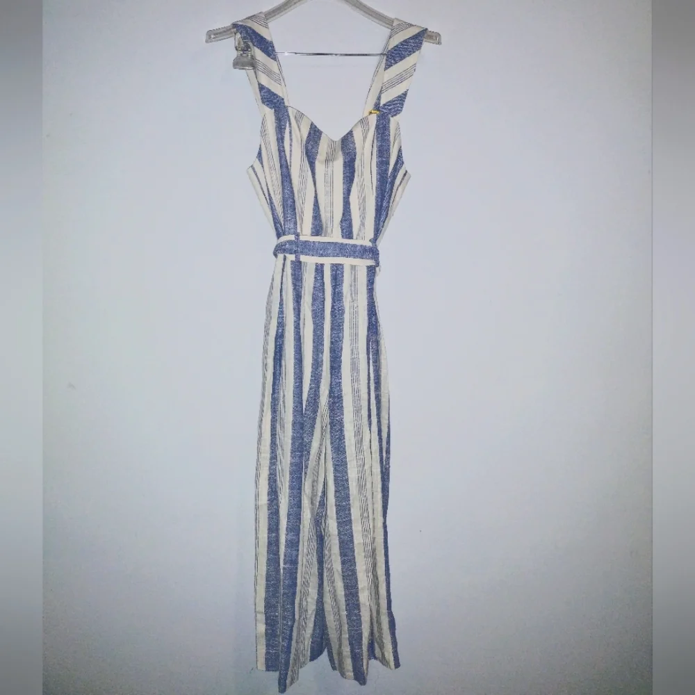 Alice & Olivia Jumpsuit Romper Cream with Blue Stripes Size 12 - Picture 4 of 7